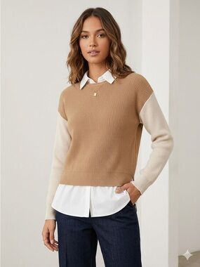 Sioni Contrast-Sleeve Ribbed Crewneck Sweater in Camel and Cream Size M